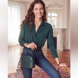 Sezane Suzanne Button Down Silk Blouse. Green. Size 34 Fr, 2 US. NWOT
